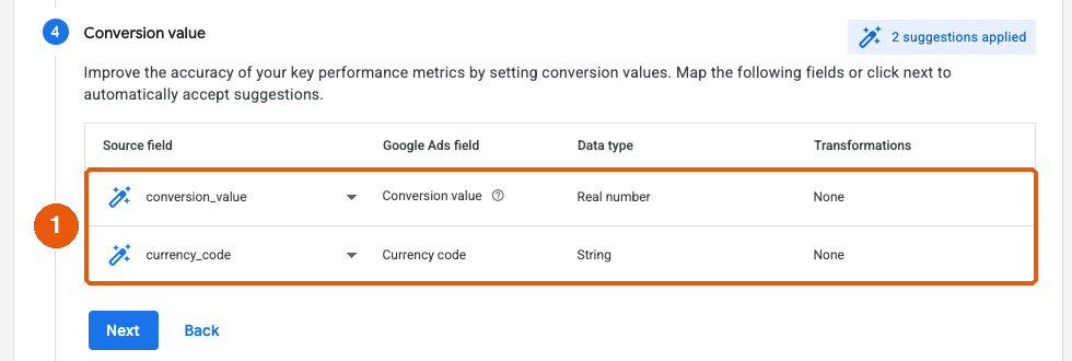 Conversion value group with conversion_value and currency_code mapped